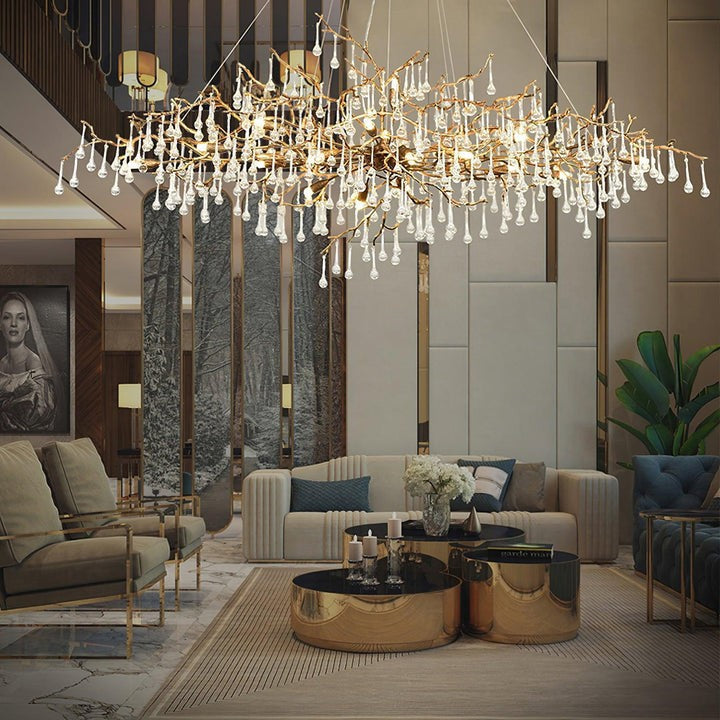 Natural Branch Brass & Crystal Chandelier – Modern Ceiling Light