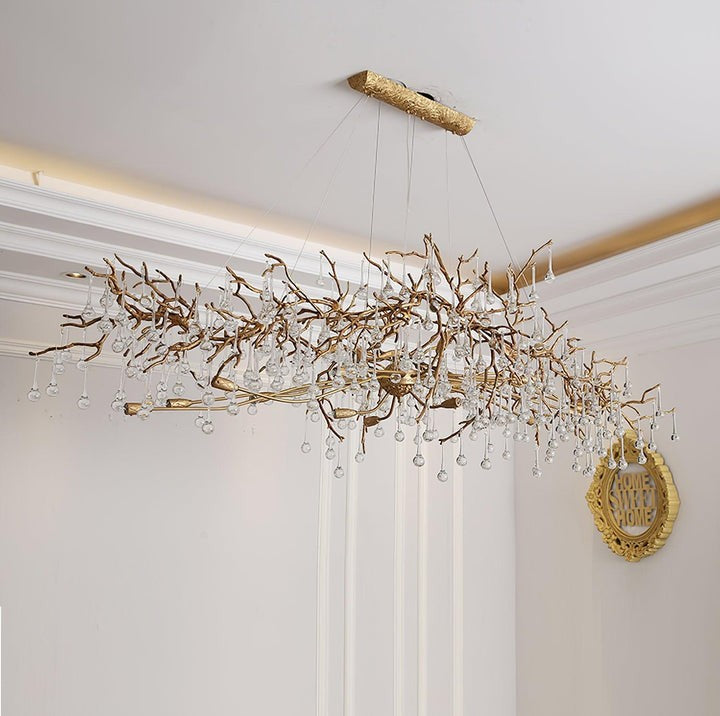 Natural Branch Brass & Crystal Chandelier – Modern Ceiling Light