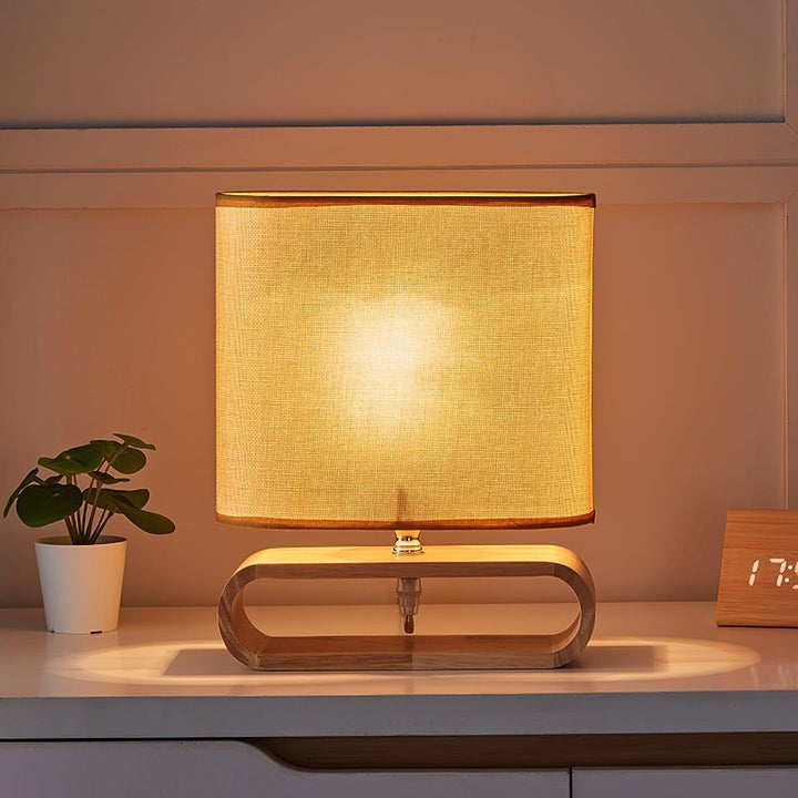 Natural Wood Table Lamp with Brown Fabric Shade
