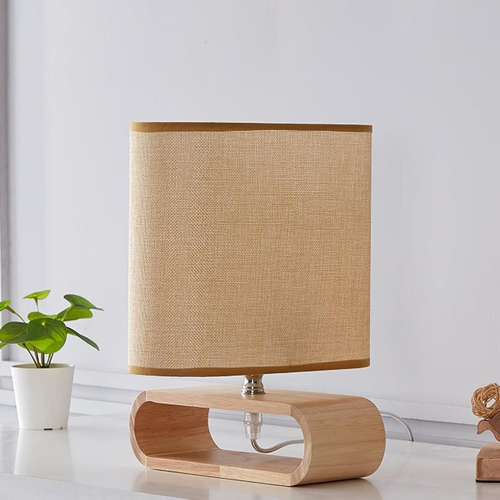 Natural Wood Table Lamp with Brown Fabric Shade
