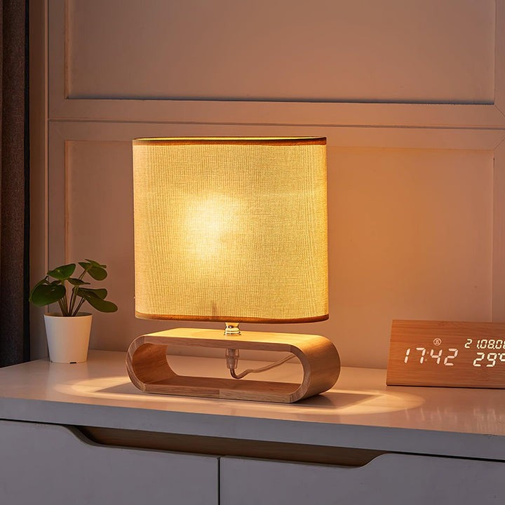 Natural Wood Table Lamp with Brown Fabric Shade
