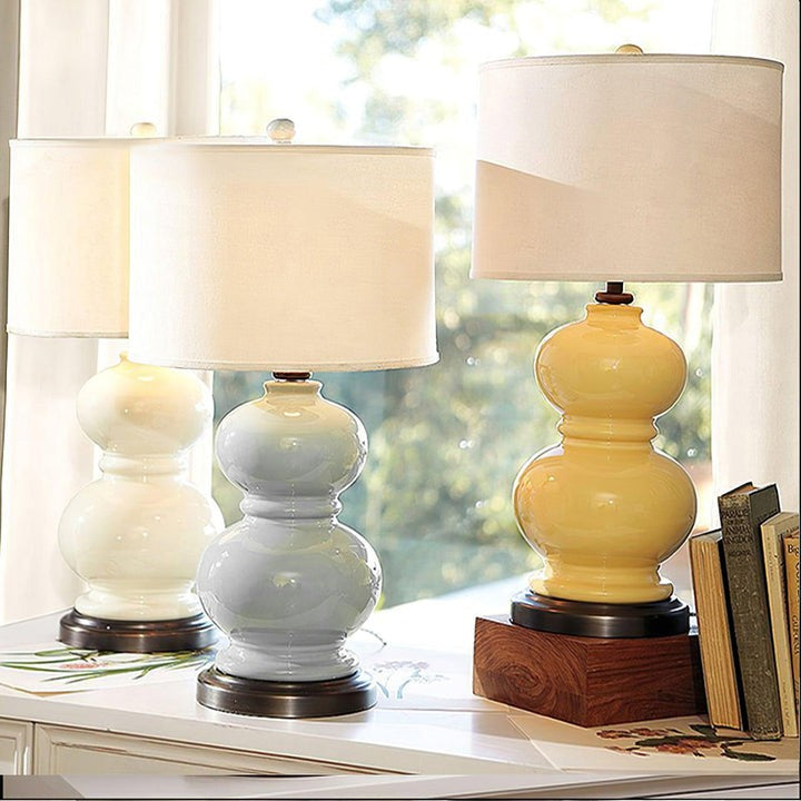 Neutral Ceramic Gourd Table Lamp with Brushed Metal Stand
