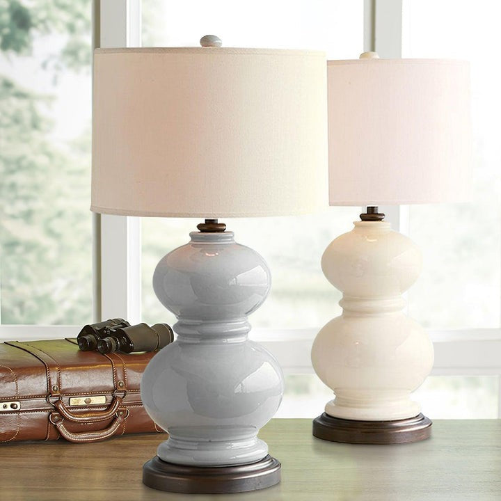 Neutral Ceramic Gourd Table Lamp with Brushed Metal Stand