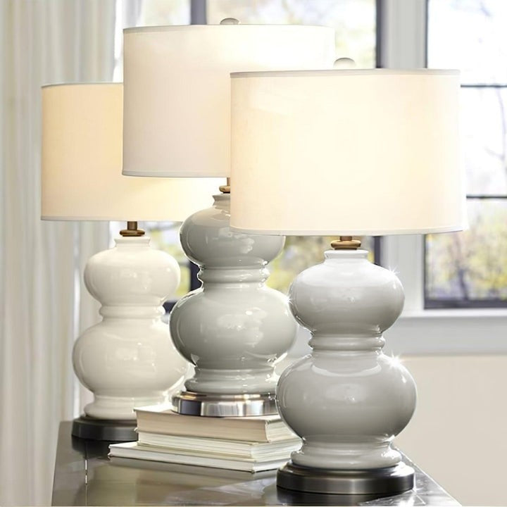 Neutral Ceramic Gourd Table Lamp with Brushed Metal Stand
