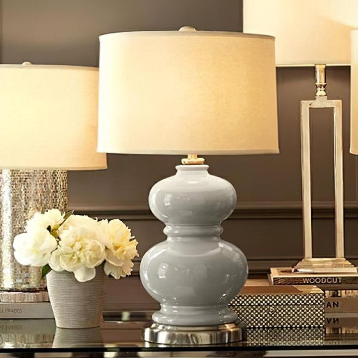 Neutral Ceramic Gourd Table Lamp with Brushed Metal Stand