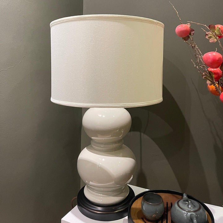 Neutral Ceramic Gourd Table Lamp with Brushed Metal Stand