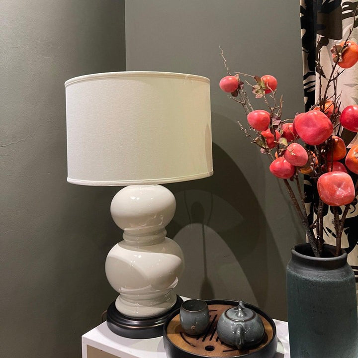 Neutral Ceramic Gourd Table Lamp with Brushed Metal Stand