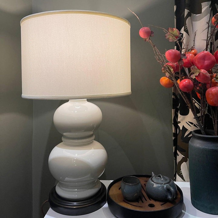 Neutral Ceramic Gourd Table Lamp with Brushed Metal Stand