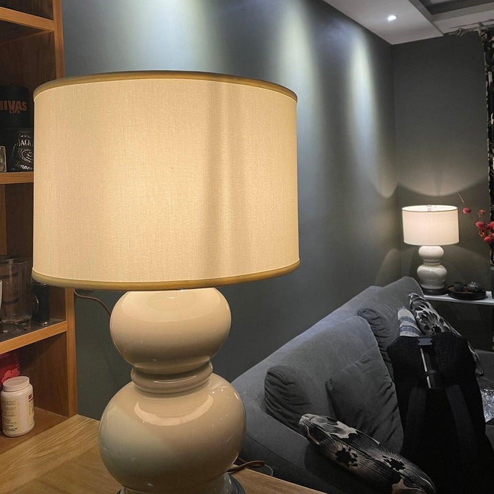 Neutral Ceramic Gourd Table Lamp with Brushed Metal Stand