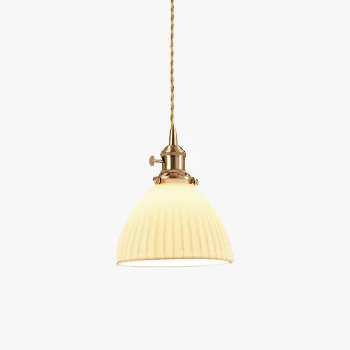 Pleated Ceramic Shade Pendant Light with Brass Finish