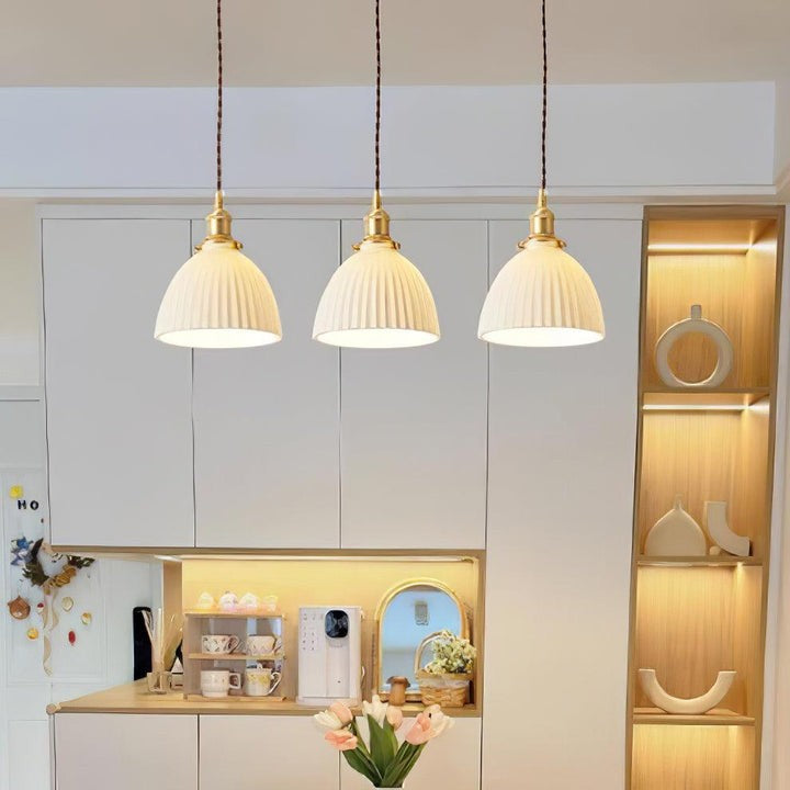 Pleated Ceramic Shade Pendant Light with Brass Finish