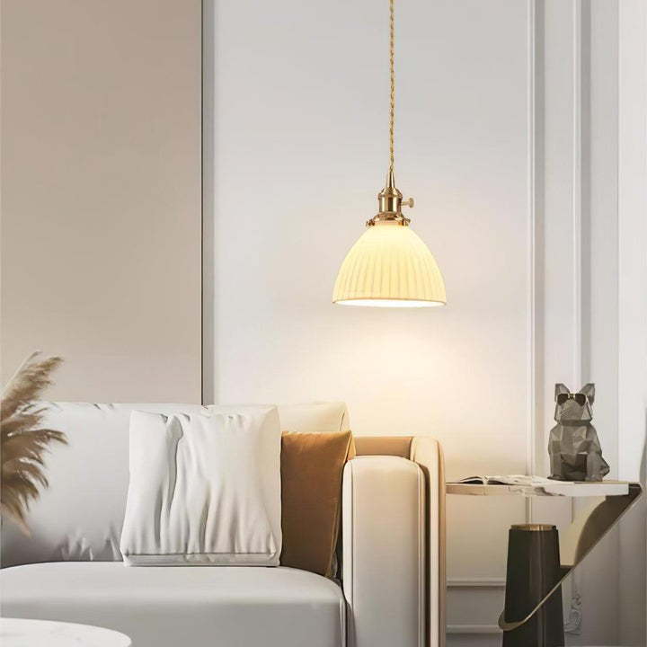 Pleated Ceramic Shade Pendant Light with Brass Finish