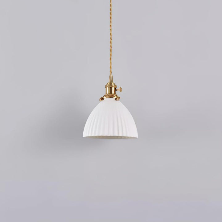 Pleated Ceramic Shade Pendant Light with Brass Finish