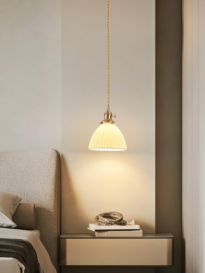 Pleated Ceramic Shade Pendant Light with Brass Finish