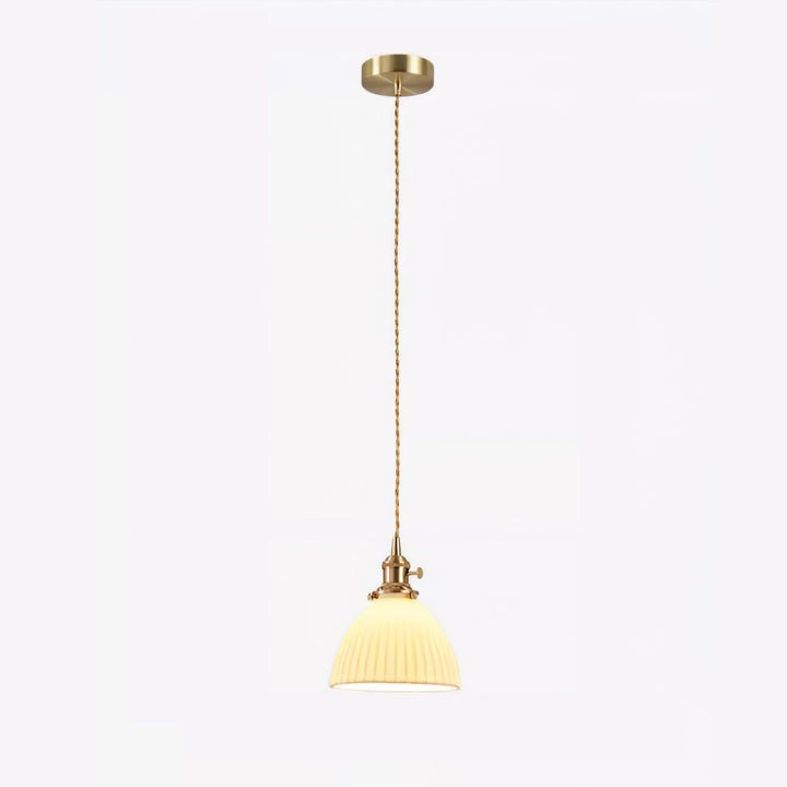 Pleated Ceramic Shade Pendant Light with Brass Finish