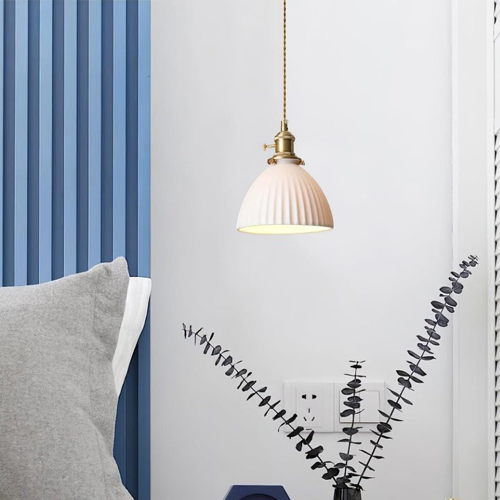 Pleated Ceramic Shade Pendant Light with Brass Finish