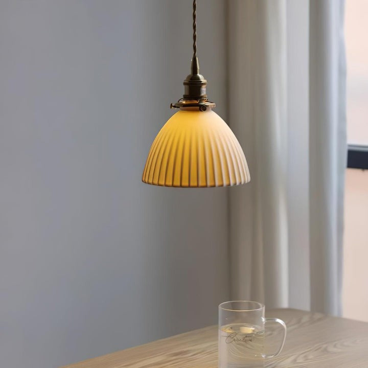 Pleated Ceramic Shade Pendant Light with Brass Finish