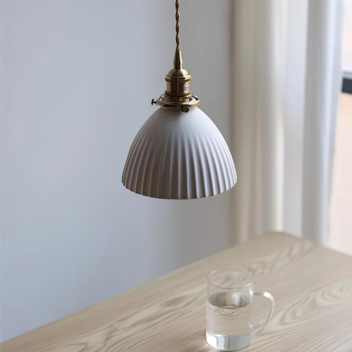 Pleated Ceramic Shade Pendant Light with Brass Finish