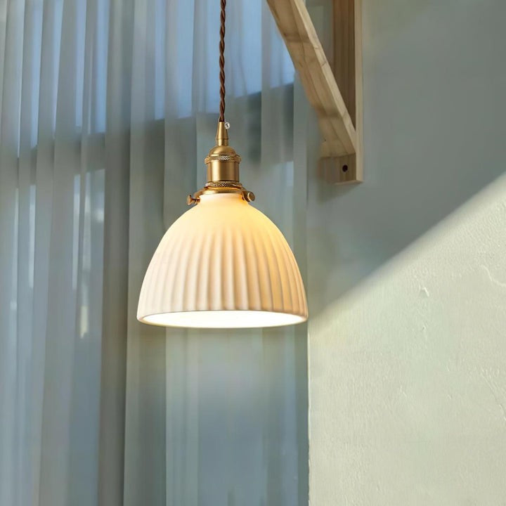 Pleated Ceramic Shade Pendant Light with Brass Finish