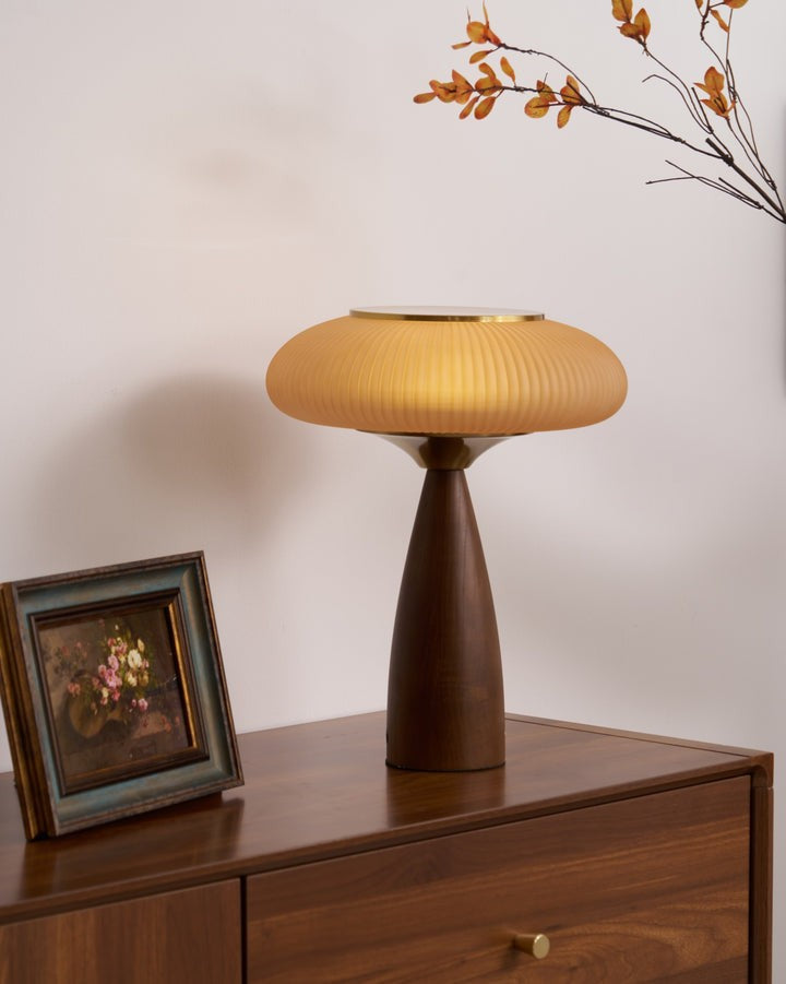 Rechargeable Wooden Table Lamp with Glass Shade