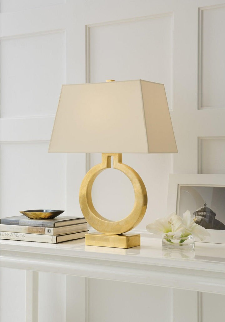 Ring-Shaped LED Table Lamp with White Fabric Shade