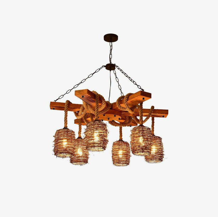 Rustic Rattan & Wood Farmhouse Chandelier