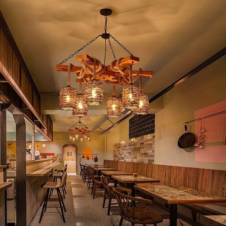 Rustic Rattan & Wood Farmhouse Chandelier