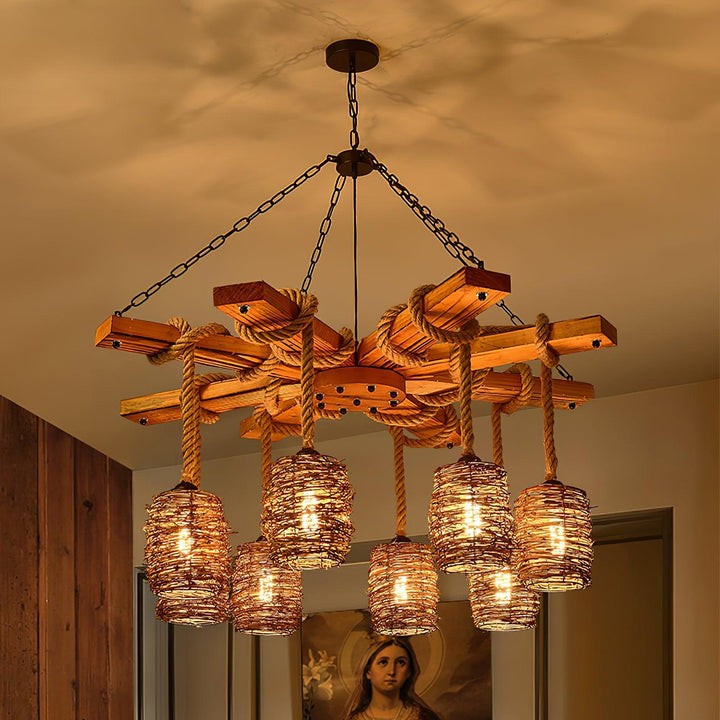 Rustic Rattan & Wood Farmhouse Chandelier