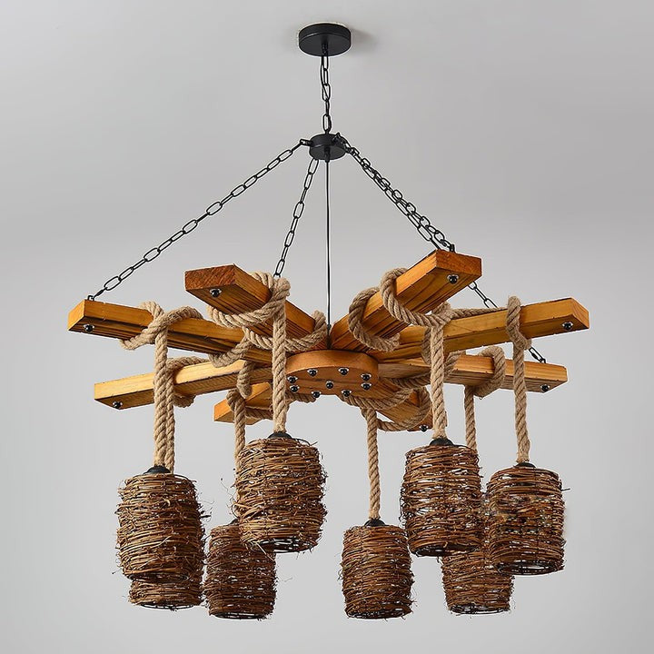 Rustic Rattan & Wood Farmhouse Chandelier
