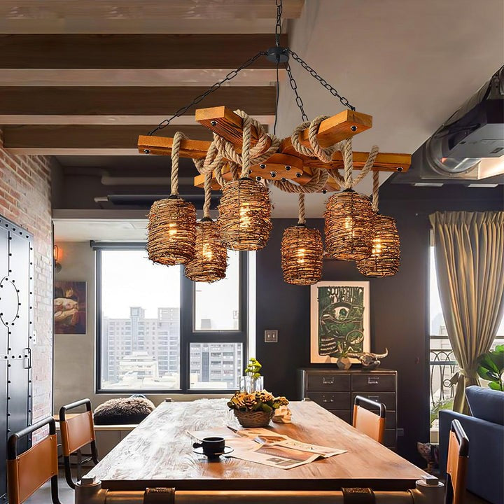 Rustic Rattan & Wood Farmhouse Chandelier