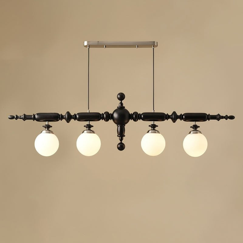 Rustic Wooden Beam Chandelier with White Glass Globes