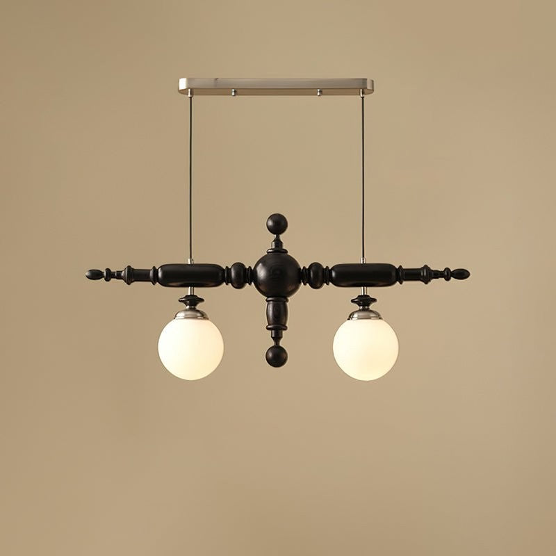 Rustic Wooden Beam Chandelier with White Glass Globes