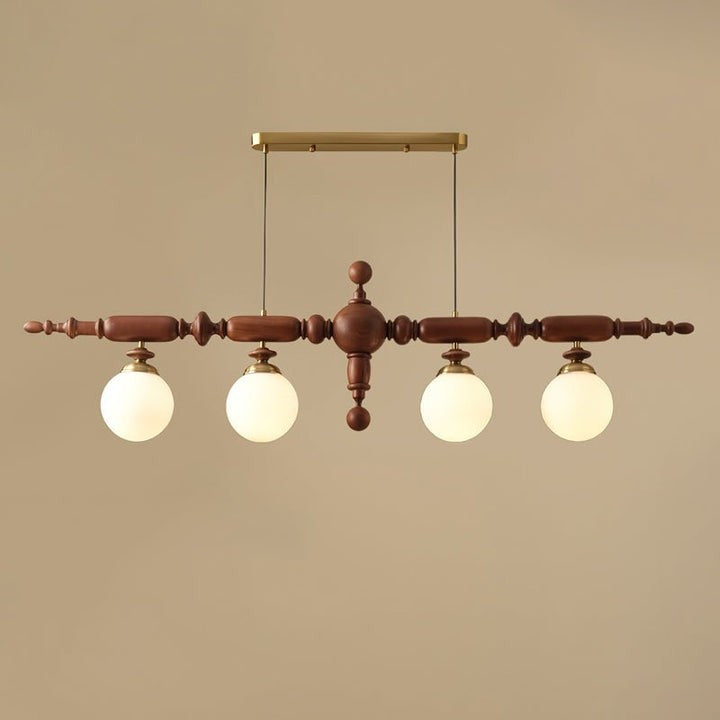 Rustic Wooden Beam Chandelier with White Glass Globes