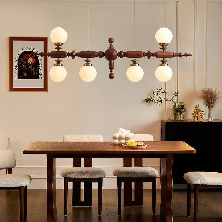 Rustic Wooden Beam Chandelier with White Glass Globes