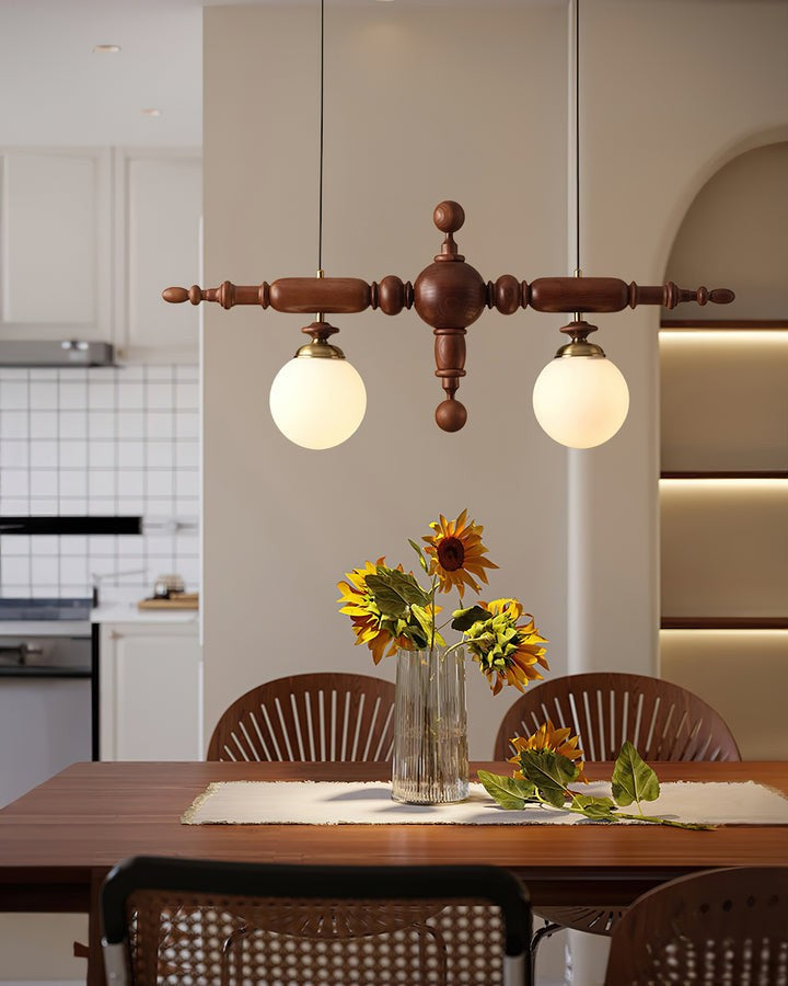 Rustic Wooden Beam Chandelier with White Glass Globes