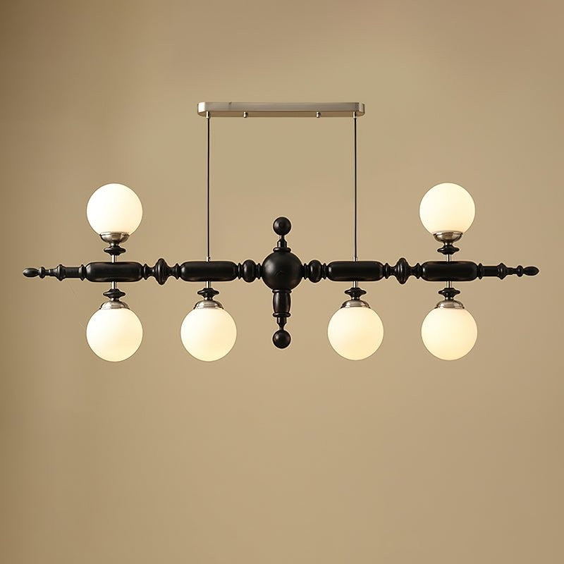 Rustic Wooden Beam Chandelier with White Glass Globes
