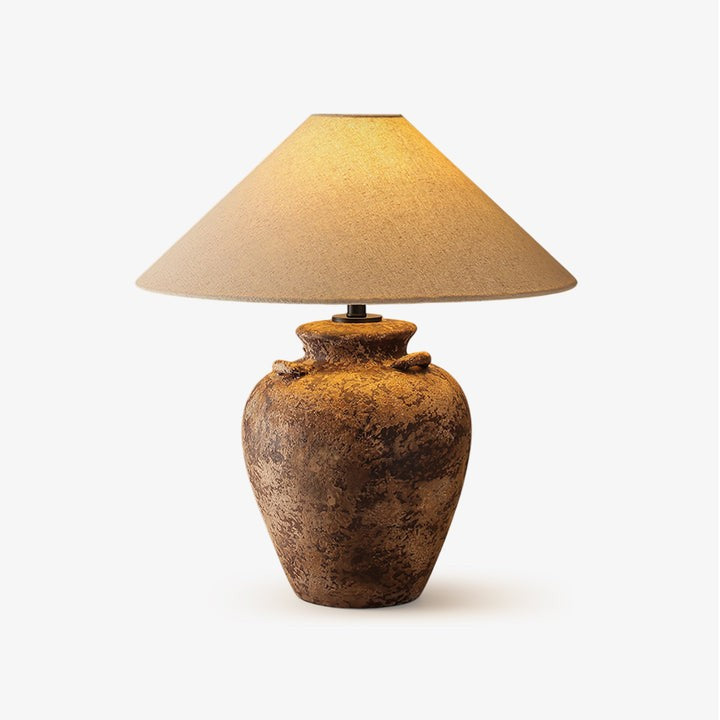 Textured Terracotta Vase Table Lamp with Beige Fabric Shade