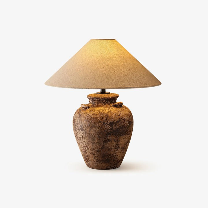 Textured Terracotta Vase Table Lamp with Beige Fabric Shade