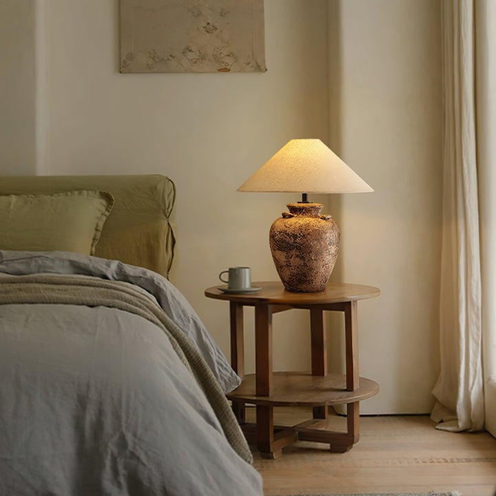 Textured Terracotta Vase Table Lamp with Beige Fabric Shade