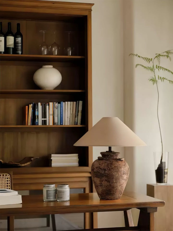 Textured Terracotta Vase Table Lamp with Beige Fabric Shade