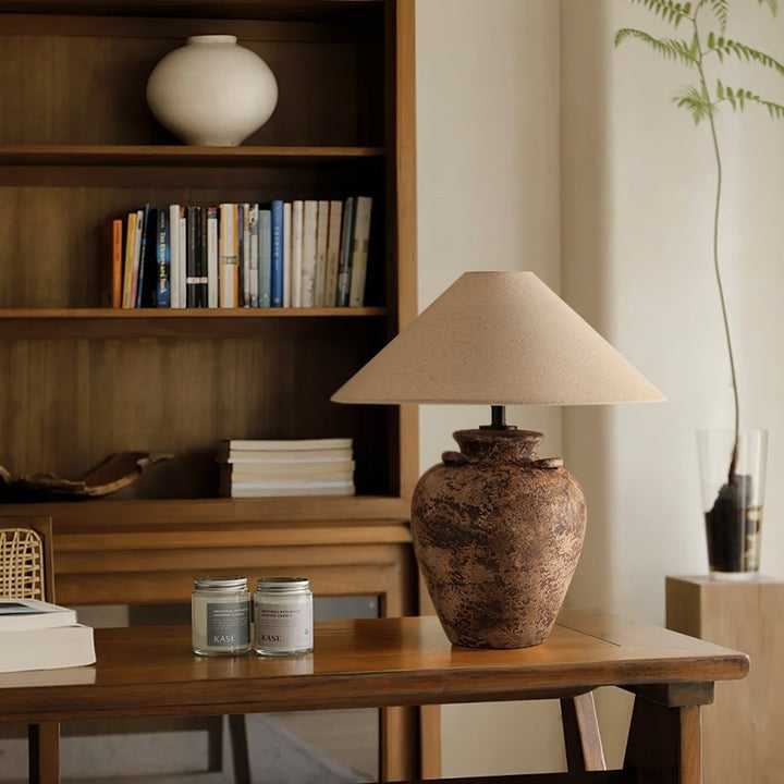 Textured Terracotta Vase Table Lamp with Beige Fabric Shade