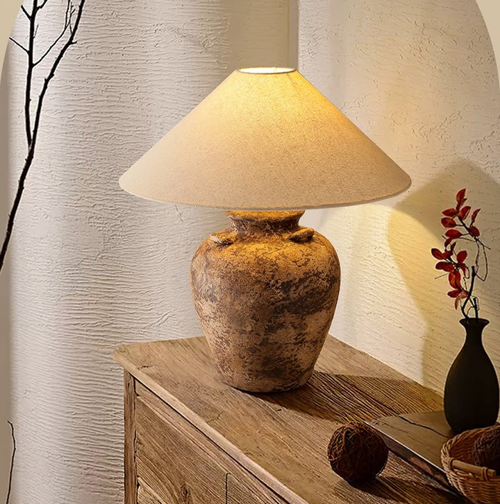 Textured Terracotta Vase Table Lamp with Beige Fabric Shade