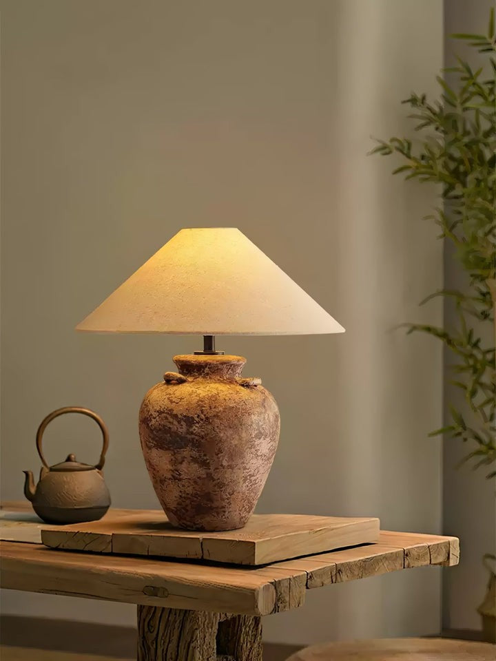 Textured Terracotta Vase Table Lamp with Beige Fabric Shade