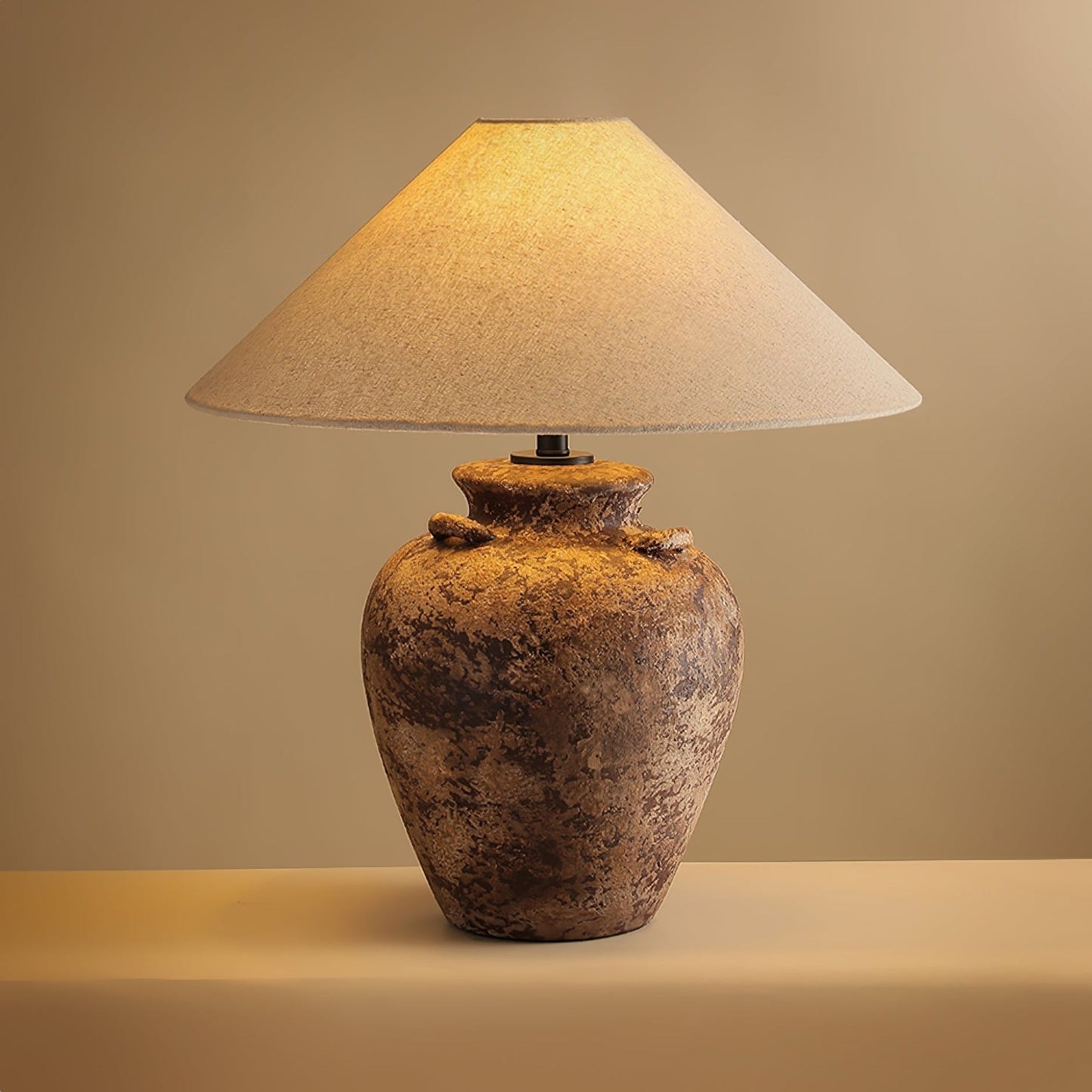 Textured Terracotta Vase Table Lamp with Beige Fabric Shade