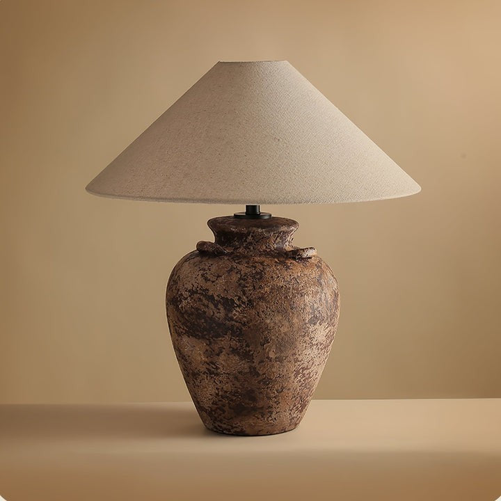 Textured Terracotta Vase Table Lamp with Beige Fabric Shade