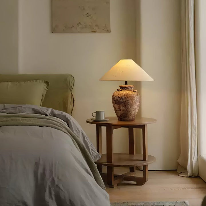 Textured Terracotta Vase Table Lamp with Beige Fabric Shade