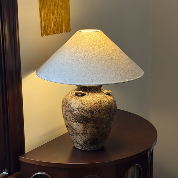 Textured Terracotta Vase Table Lamp with Beige Fabric Shade
