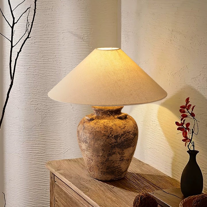 Textured Terracotta Vase Table Lamp with Beige Fabric Shade