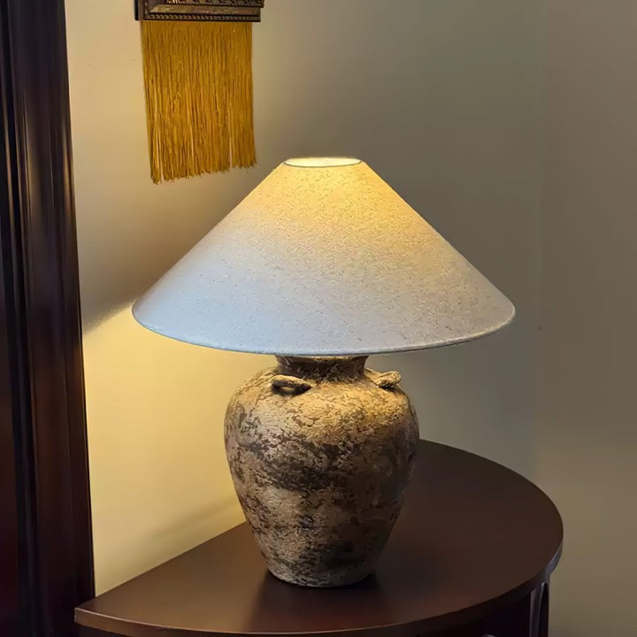 Textured Terracotta Vase Table Lamp with Beige Fabric Shade