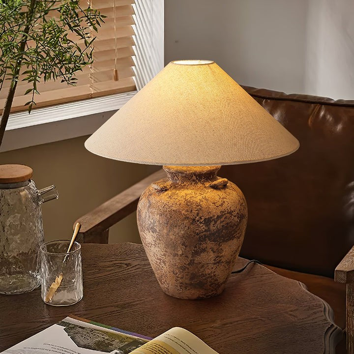 Textured Terracotta Vase Table Lamp with Beige Fabric Shade